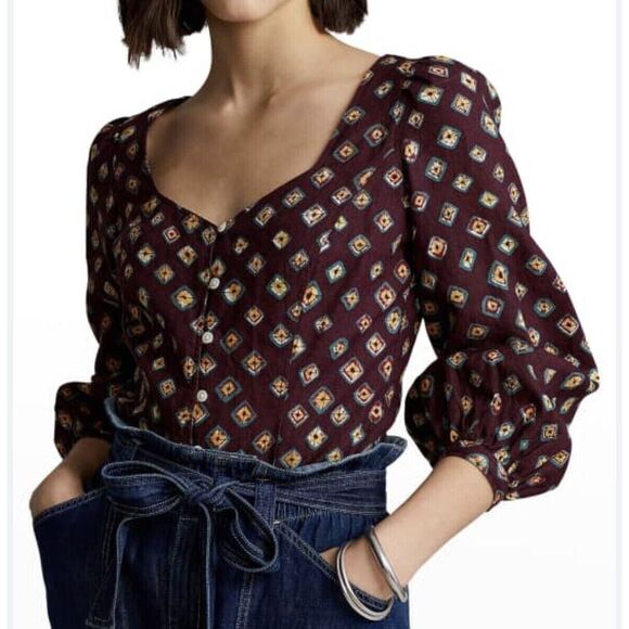 Polo Ralph Lauren Blouse Women's Size‎ 2 Block Print Linen Button Front Top NWT - Picture 1 of 7